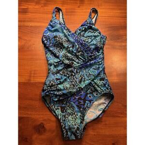 Miraclesuit Blue Metallic Oceanus One Piece Ruched Slimming Swimsuit Sz 8 NWOT